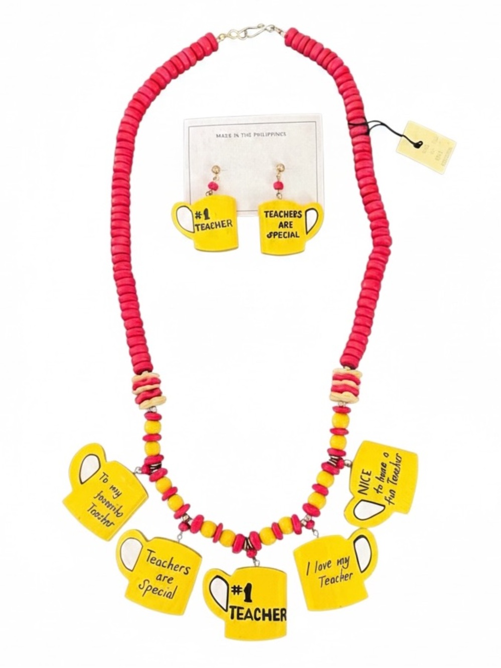 Yellow Wood Bead Love Teacher Coffee Cup Necklace Handmade Painted Philippines